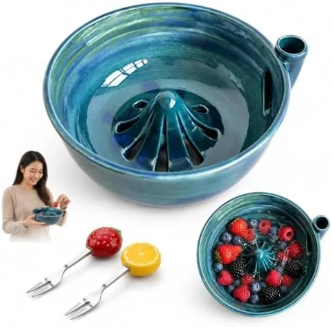 self spinning berry bowl with drain holes ceramic berry washing bowl 2027 upgraded fruit washer with strainer and colander handmade washing cleaner for strawberries blueberries berries 2